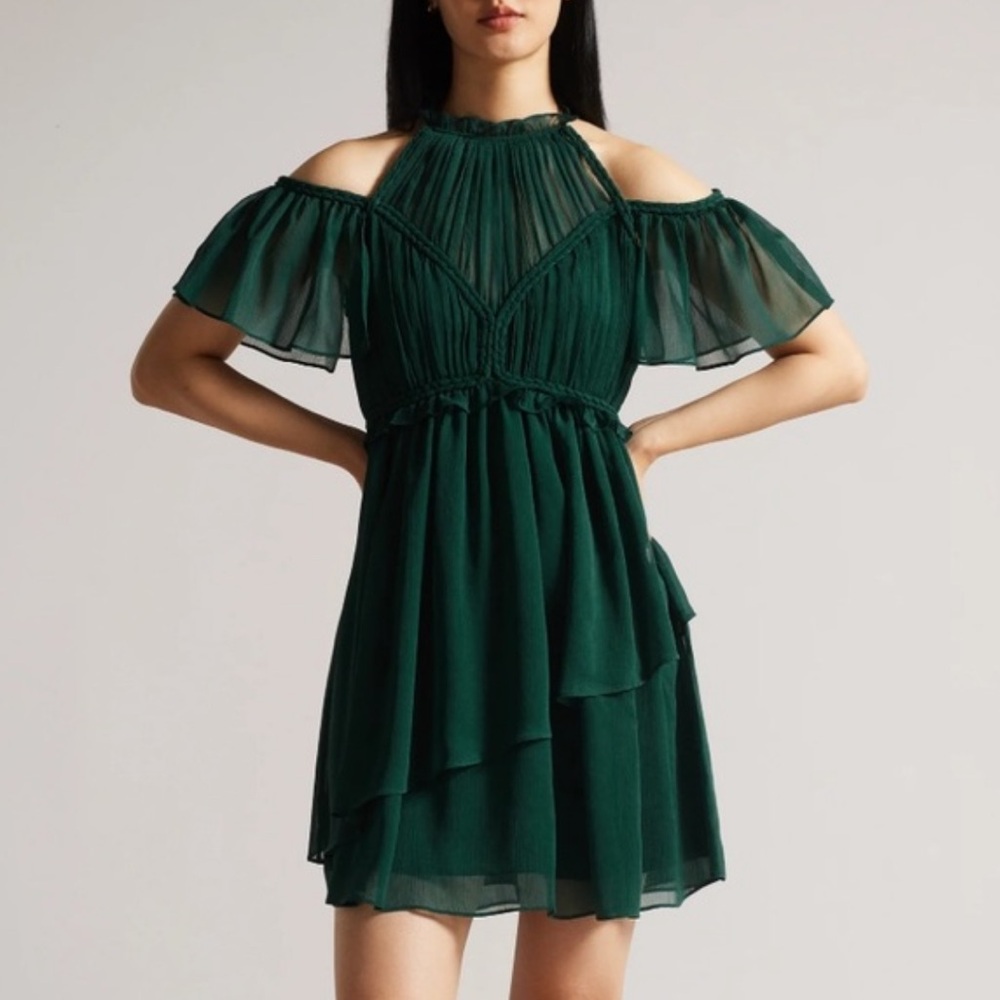Ted Baker Poppio Cold Shoulder Rope Detail Emerald Mini Dress NWT Size 1